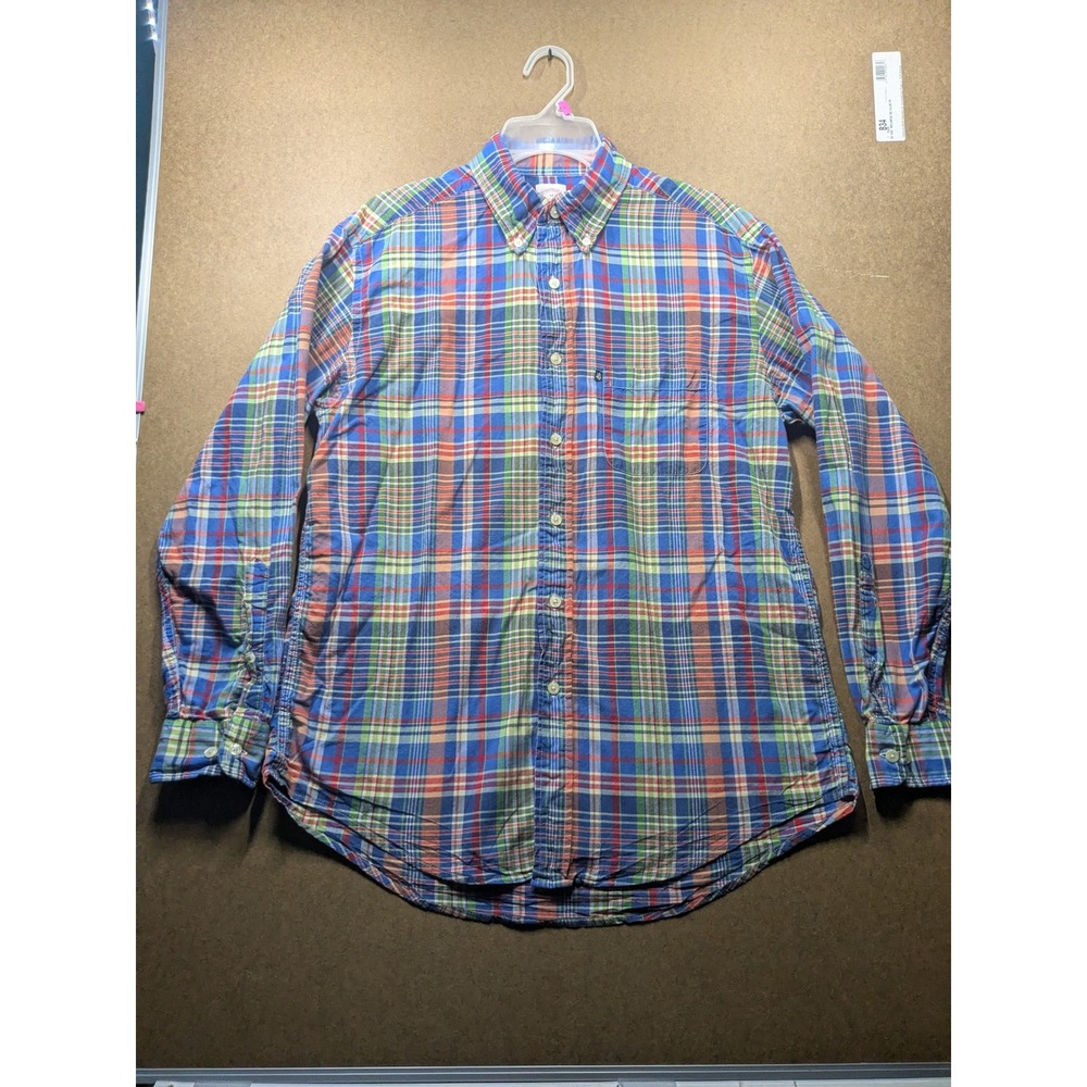 Brooks Brothers 346 Mens Plaid Button Down Shirt Blue Green Orange Cotton Size M
